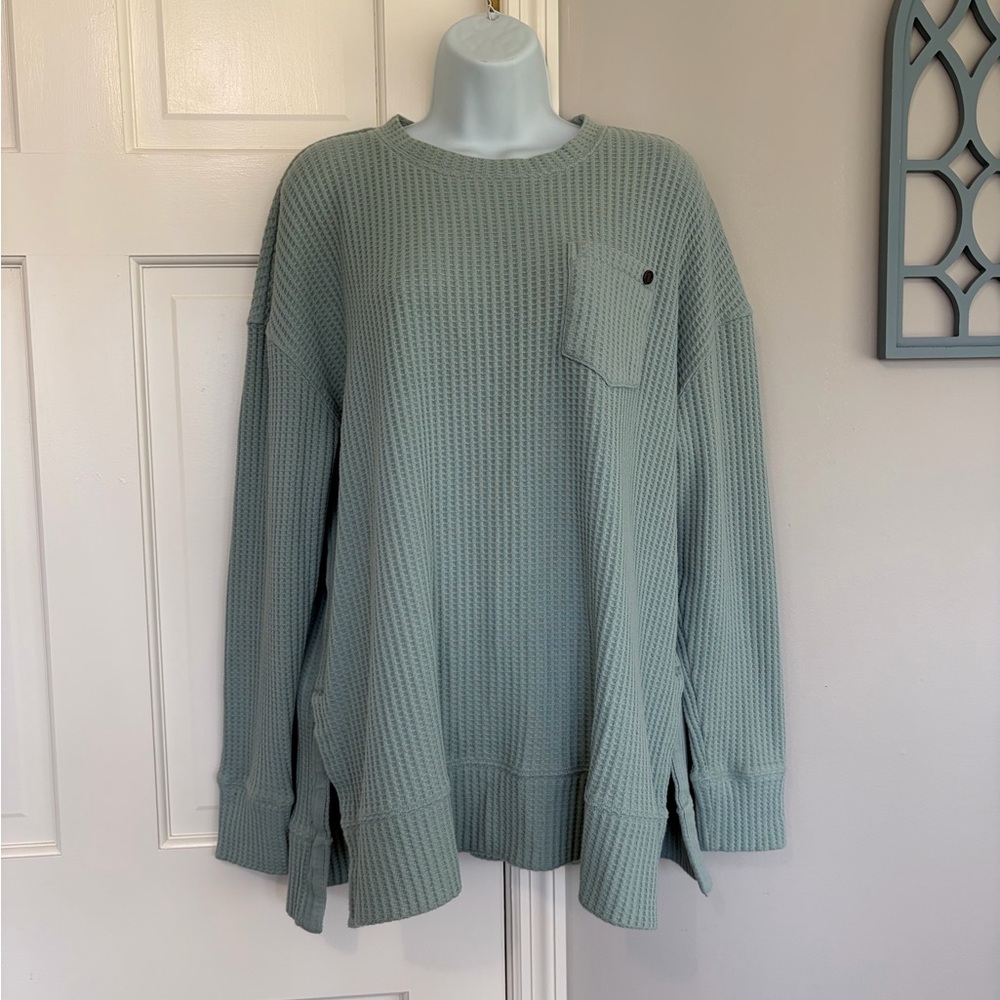 Women's Waffle Knit Long Sleeve Pullover - Sage Green - Picture 1 of 4